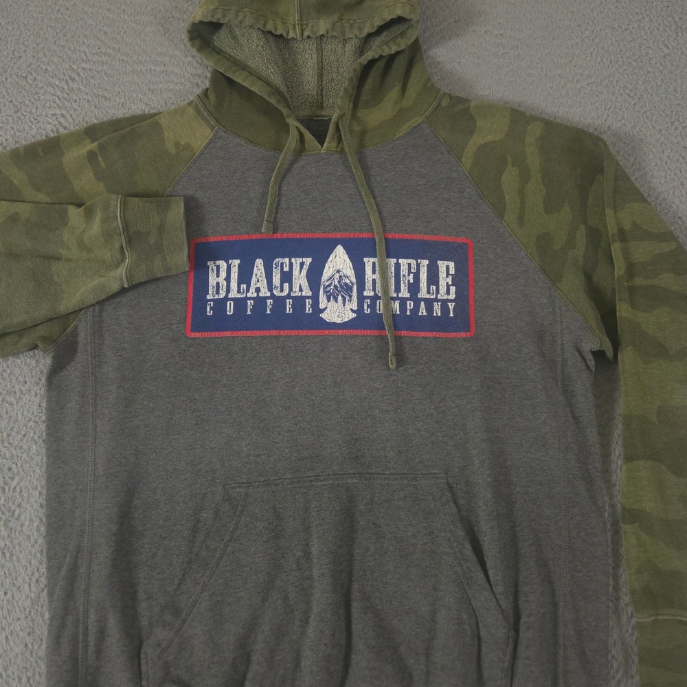 Black Rifle Coffee Company Sweatshirt Mens L Gray Camo Special Blend Raglan Hood